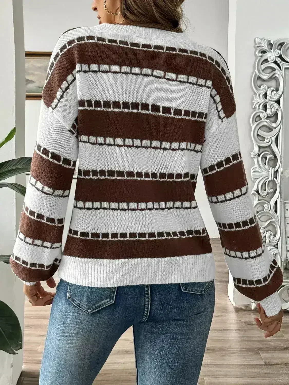 Striped Round Neck Long Sleeve Sweater - Femstylo
