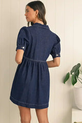 Dirty Blue Puff Sleeve Half Zipper Denim Flowy Dress - Femstylo