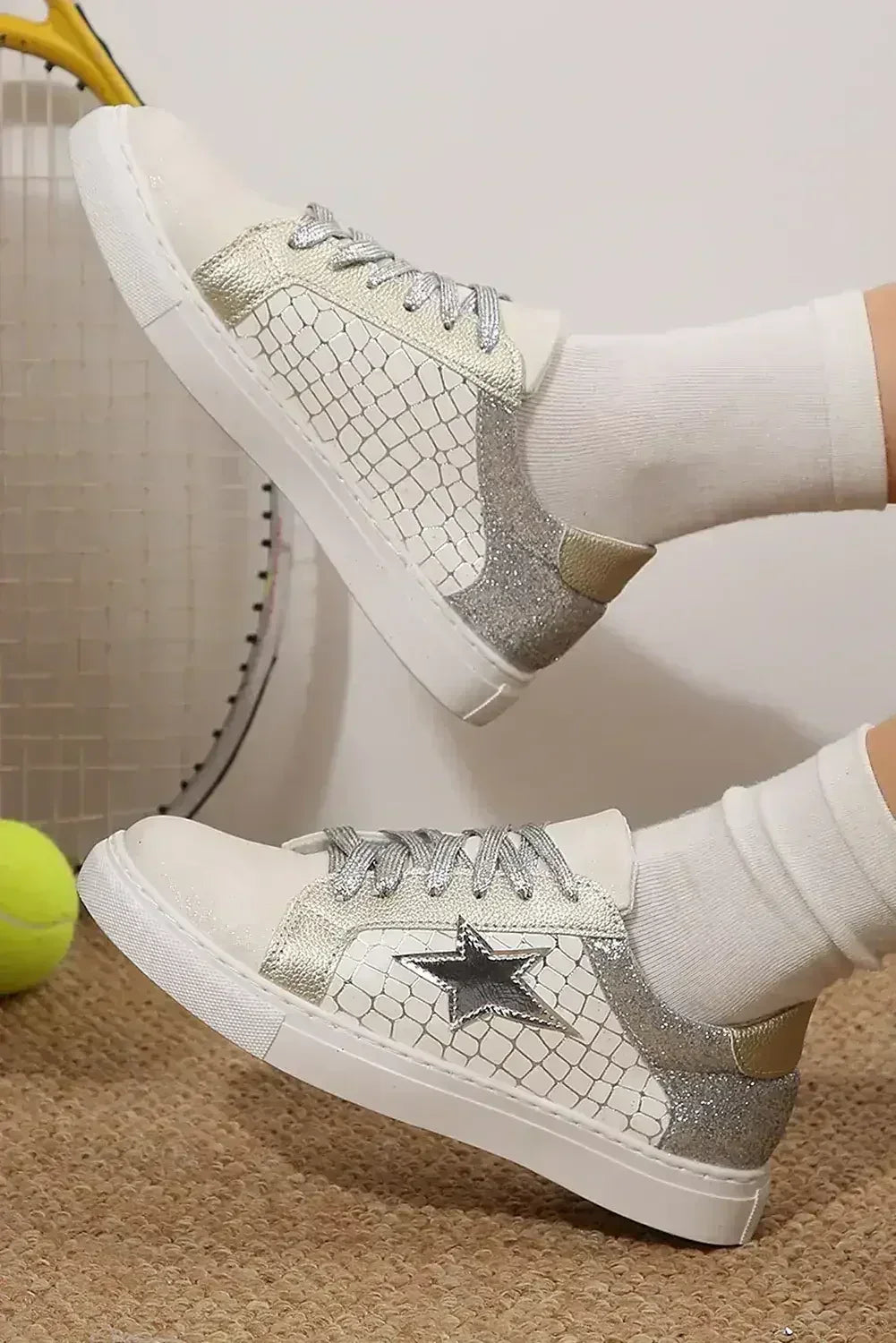 Gold Glitter Star Patchwork PU Leather Lace-up Sneakers - Femstylo