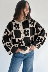 Black Flower Colorblock Checkered Henley Sweater