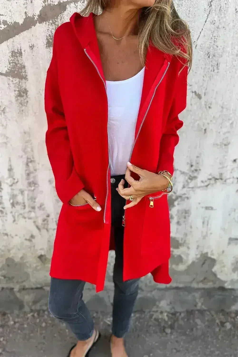 Fiery Red Solid Color Casual Zip up Hooded Coat - Femstylo