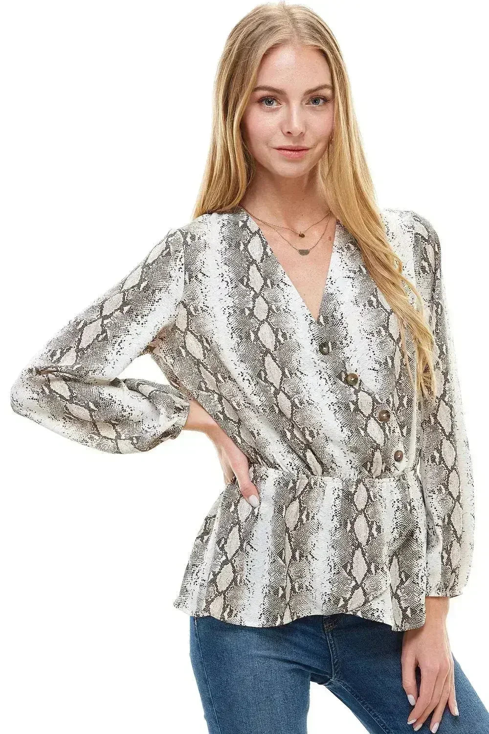 Snake V neck Button Front Peplum Long Sleeve Blouse Top | Femstylo - Femstylo