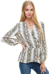 Snake V neck Button Front Peplum Long Sleeve Blouse Top | Femstylo - Femstylo