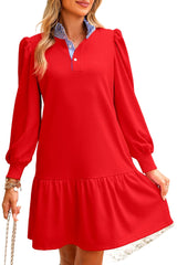 Fiery Red Striped Collar Long Sleeve Ruffle Hem Dress