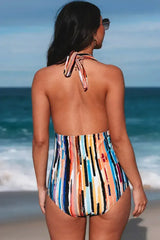 Multicolor Picasso Print Halter Neck Ruched One-Piece Swimsuit - Femstylo
