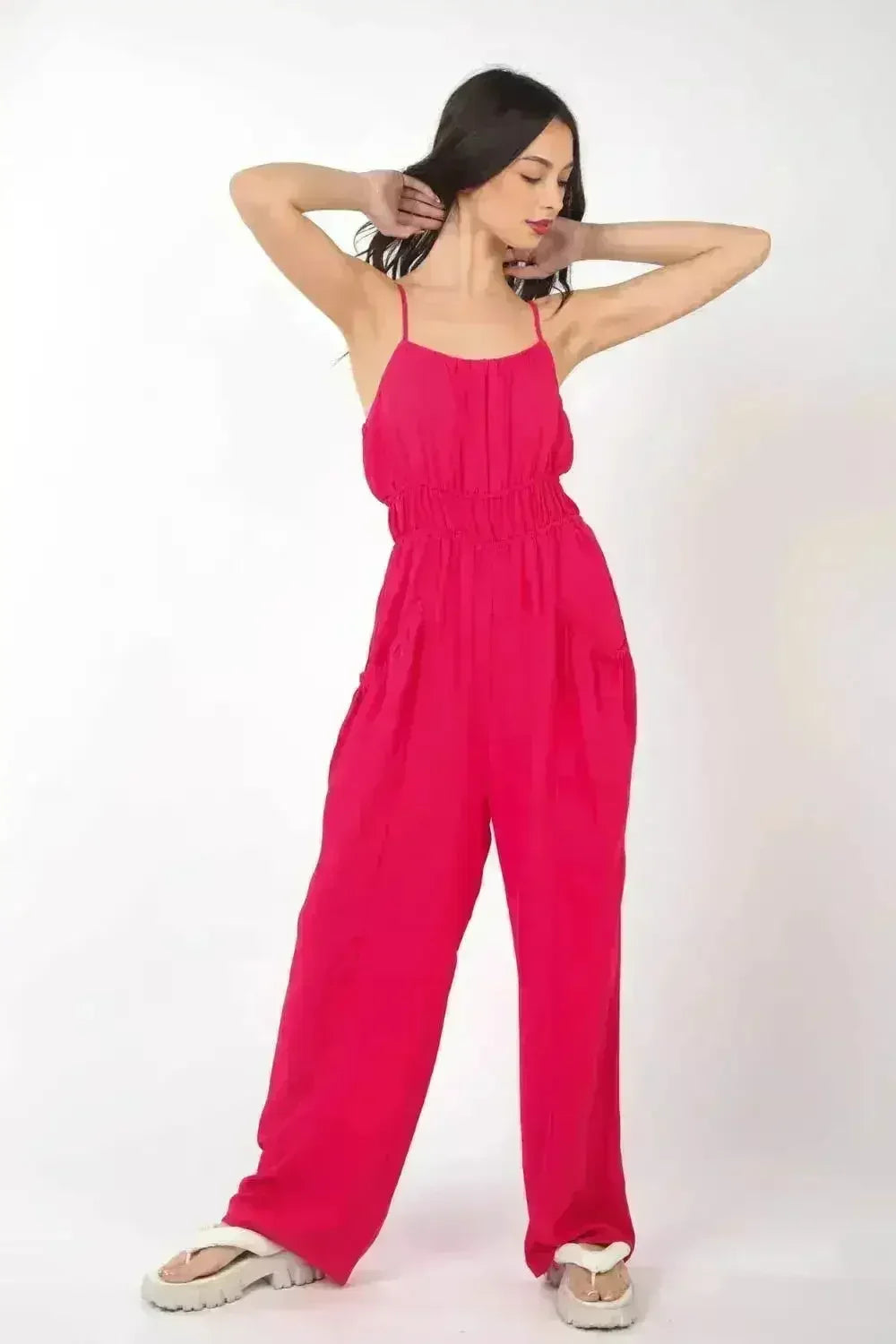 VERY J Pintuck Detail Woven Sleeveless Jumpsuit - Femstylo