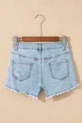 Beau Blue High Rise Distressed Raw Hem Denim Shorts - Femstylo
