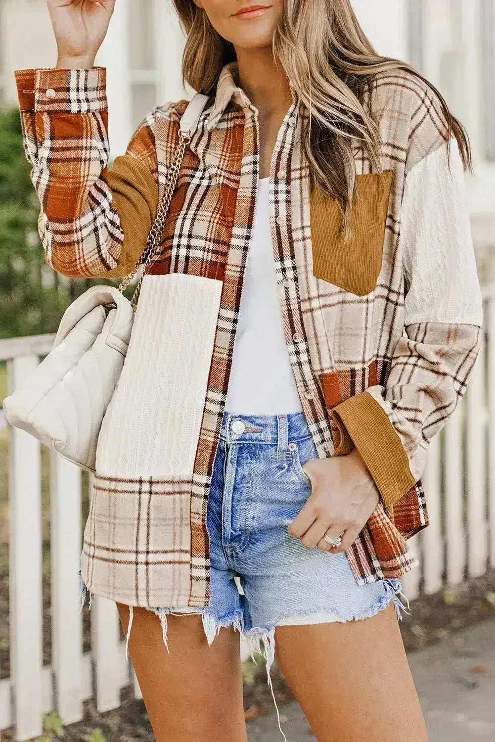 Plaid Color Block Patchwork Shirt Jacket with Pocket - Femstylo