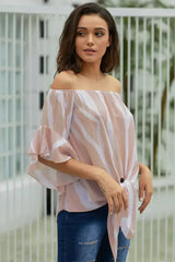Off The Shoulder Pink White Vertical Stripes Blouse - Femstylo