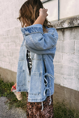 Beau Blue Multi Patched Pockets Side Tie up Boyfriend Style Denim Jacket