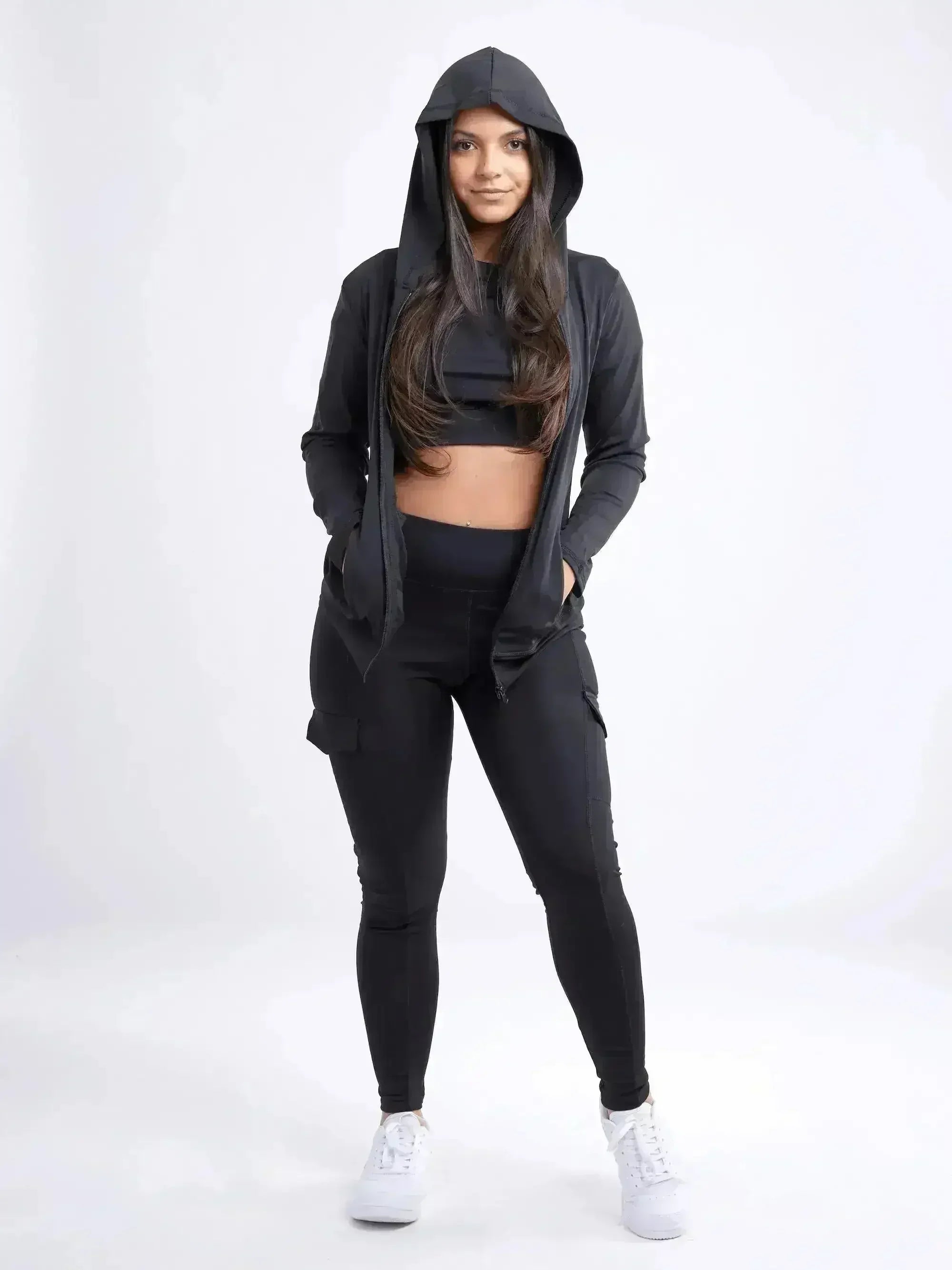 Athletic Fitted Zip-Up Hoodie Jacket with Pockets - Femstylo