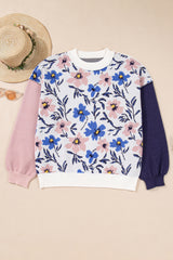 Khaki Vibrant Floral Contrast Colorblock Sleeve Pullover Sweater