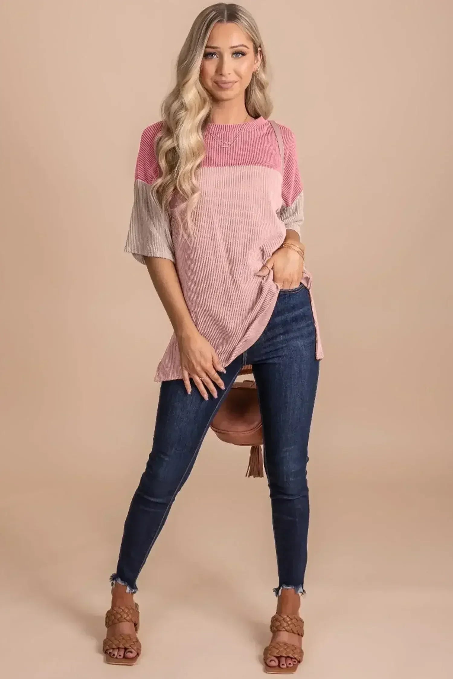 Black Color Block Ribbed Side Slits Half Sleeve Top - Femstylo