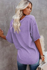 Blue Exposed Seam Drop Sleeve V Neck Waffle Textured Top