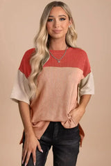 Black Color Block Ribbed Side Slits Half Sleeve Top - Femstylo