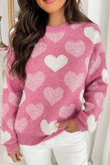 Pink Pearl Heart Print Valentines Crew Neck Sweater - Femstylo