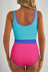 Rose Red Textured Colorblock One Piece Swimsuit - Femstylo