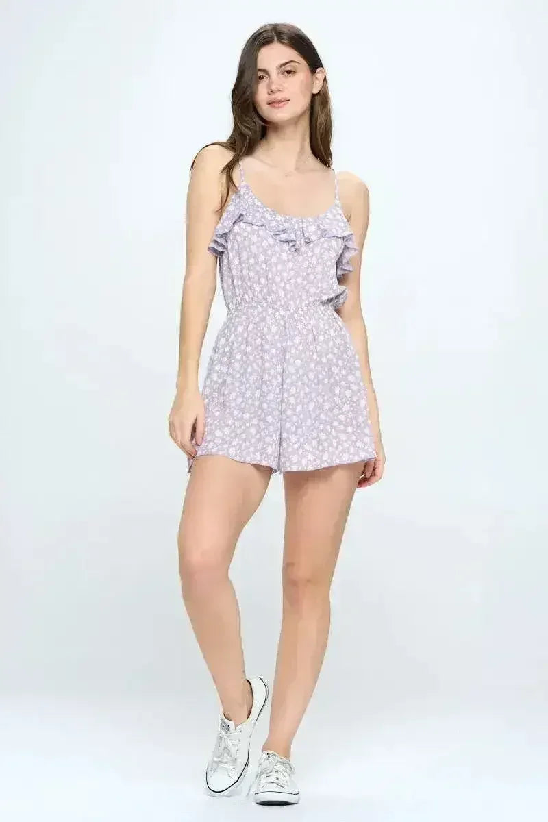 Floral Print Ruffled Spaghetti Strap Romper - Femstylo