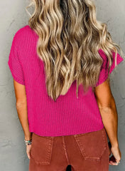 Mineral Red Patch Pocket Ribbed Knit Short Sleeve Sweater - Femstylo