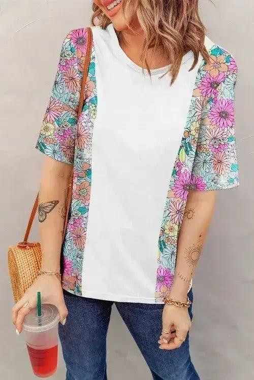 Floral Patchwork Top - Short Sleeve Summer Tee | Femstylo - Femstylo