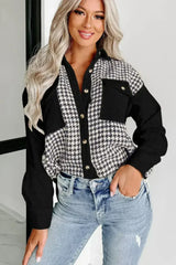 Black Houndstooth Corduroy Patchwork Flap Pocket Shacket - Femstylo