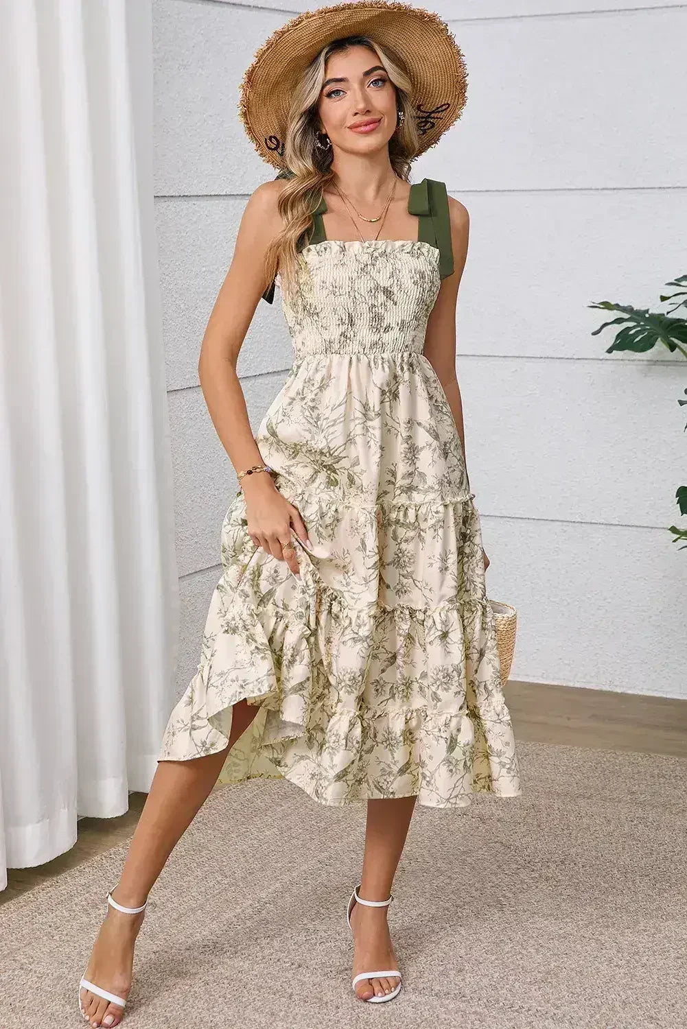 Green Floral Smocked High Waist Tiered Midi Dress - Femstylo