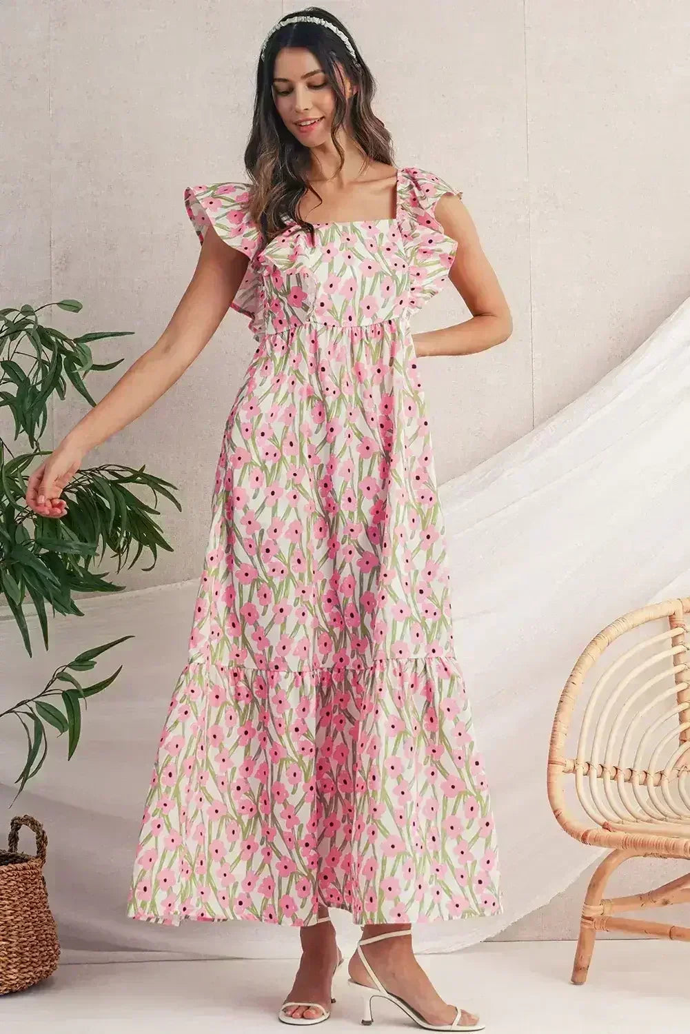 Pink Floral Print Square Neck Ruffled Strap Maxi Dress - Femstylo