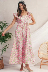 Pink Floral Print Square Neck Ruffled Strap Maxi Dress - Femstylo