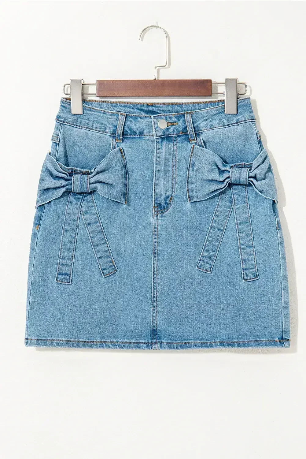 Dusk Blue Acid Washed Bowknot Details High Waist Denim Skirt - Femstylo