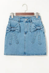 Dusk Blue Acid Washed Bowknot Details High Waist Denim Skirt - Femstylo