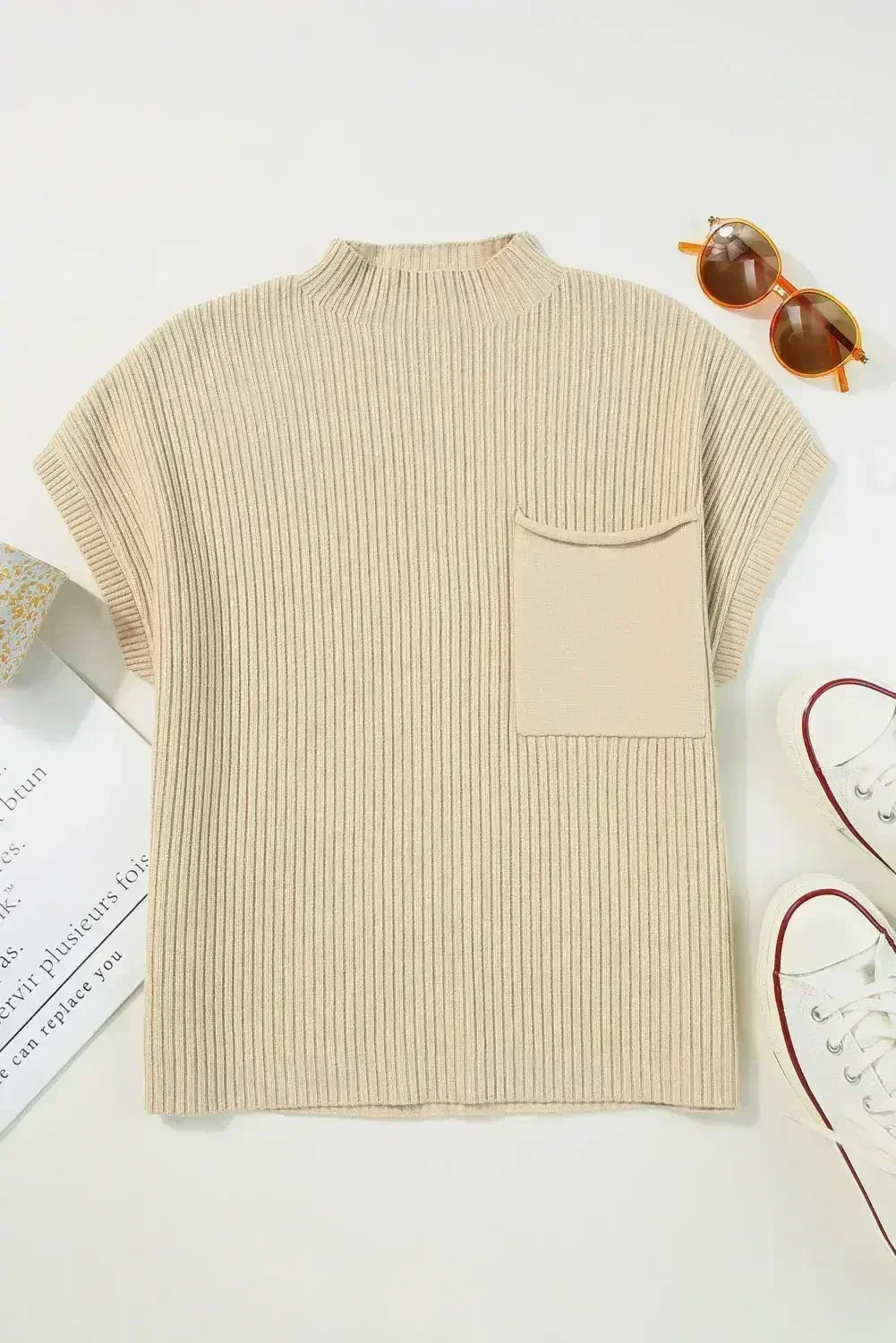 Mineral Red Patch Pocket Ribbed Knit Short Sleeve Sweater - Femstylo