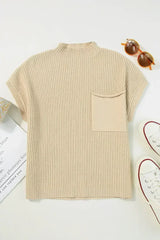 Mineral Red Patch Pocket Ribbed Knit Short Sleeve Sweater - Femstylo