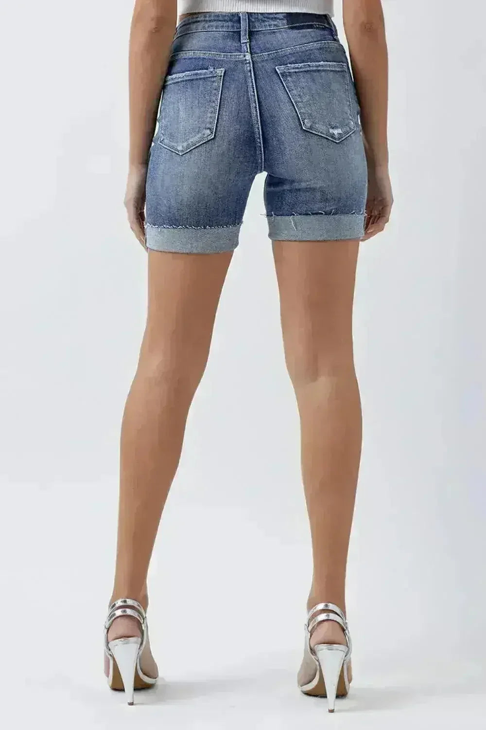 RISEN Full Size Distressed Rolled Denim Shorts with Pockets - Femstylo