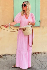 Pink Striped V Neck Puff Sleeve Frill Tiered Maxi Dress - Femstylo