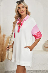 White Stripe Colorblock Sleeve Collared Pop of Color Neckline Dress
