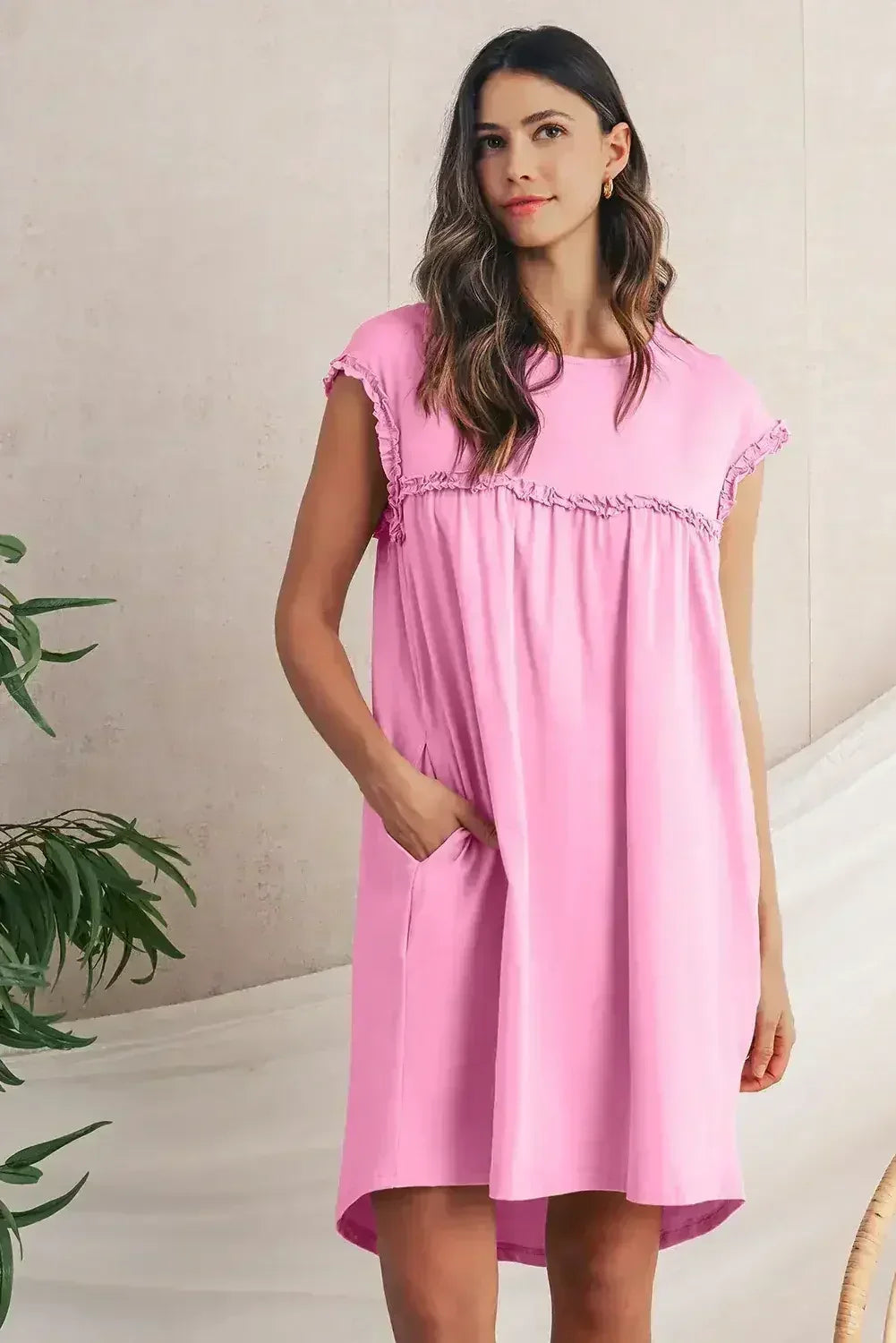 Oatmeal Frilled Trim Crewneck Loose Fit Mini Dress - Femstylo