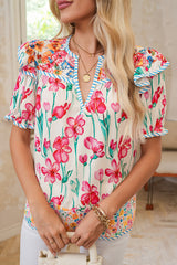 Pink Floral Print Striped Detail Split Neck Short Sleeve Blouse