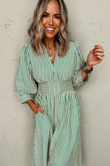 Green Striped V Neck Zip Front Cinched High Waist Midi Dress