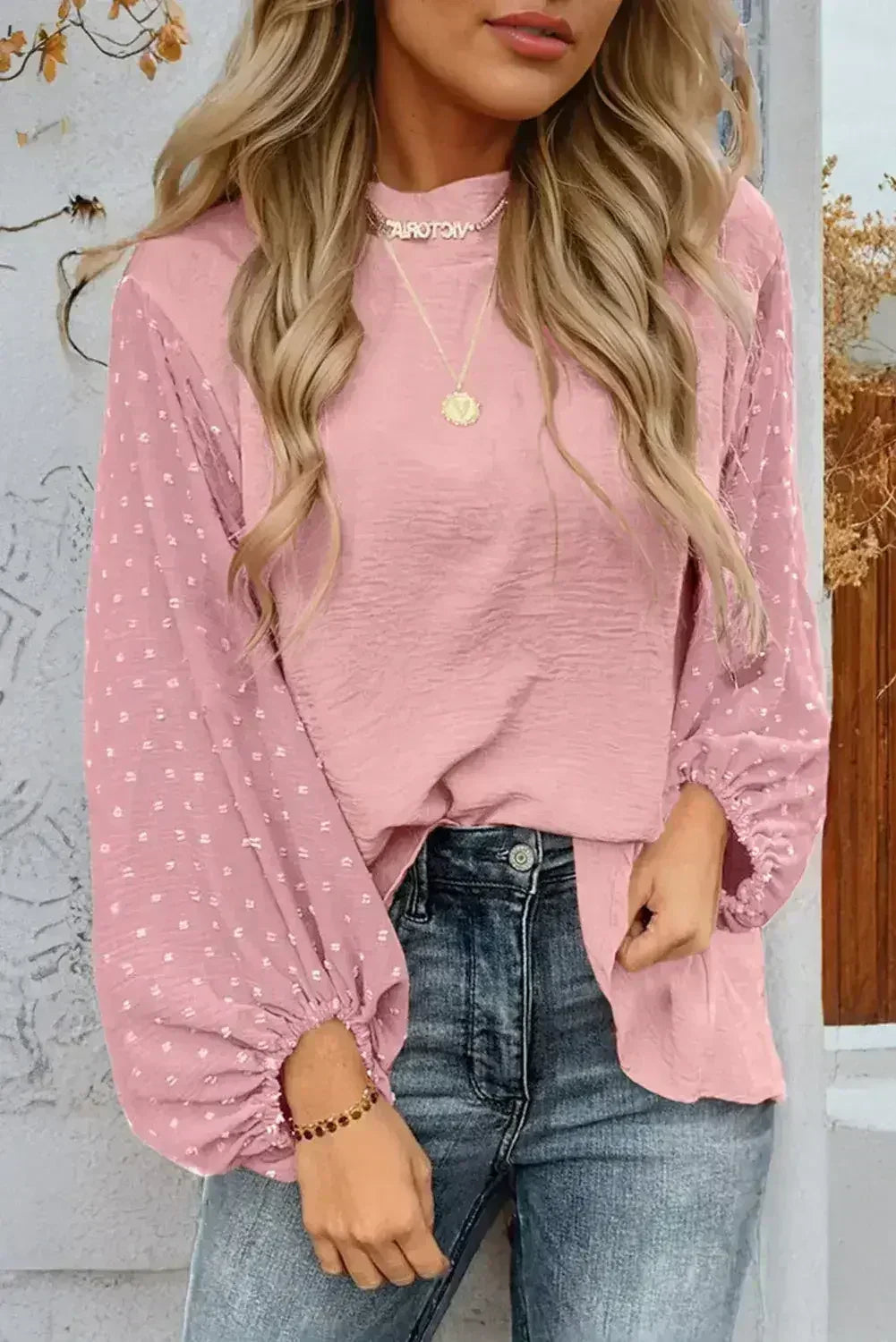 Gossamer Pink Swiss Dot Balloon Sleeve Loose Blouse | Femstylo - Femstylo