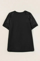 Pale Khaki Seamed Detail Contrast Lace Raglan Sleeve Tee - Femstylo