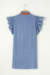 Sky Blue Stripe Frilly Split Neck Shirred Ruffle Sleeve Mini Shift Dress - Femstylo