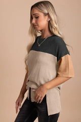 Black Color Block Ribbed Side Slits Half Sleeve Top - Femstylo