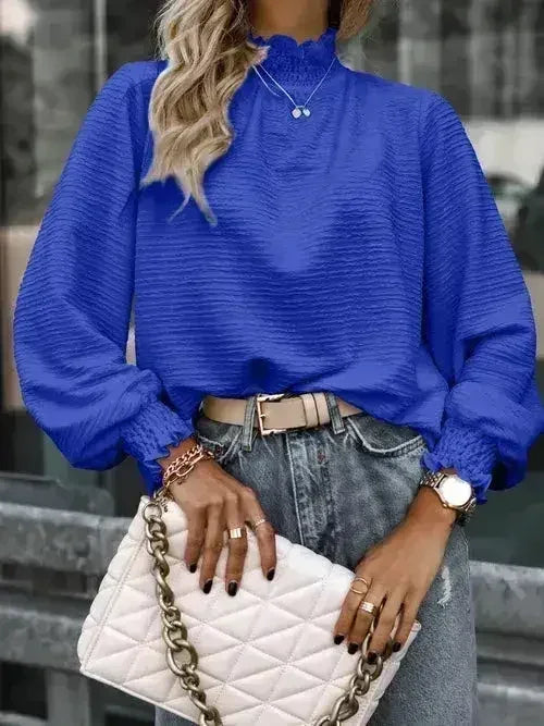 Smocked Frill Mock Neck Long Sleeve Blouse - Femstylo