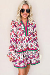 Purple Floral Print Contrast Striped Detail Long Sleeve Mini Dress