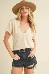 Aemi + Co Side Slit V-Neck Short Rolled Sleeve T-Shirt - Femstylo