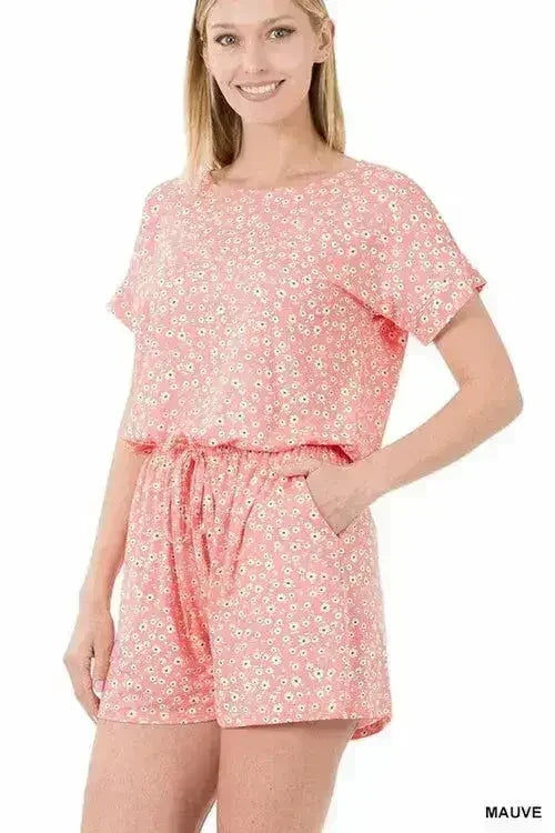 Brushed Dty Floral Romper With Pockets - Femstylo