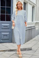 Lovelet Contrast Striped Half Sleeve Midi Tee Dress - Femstylo