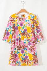 Pink Tropical Floral Bell Sleeve Loose Mini Dress