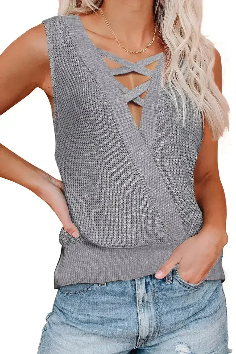 Gray Crisscross Hollow-out Knit Tank Top - Femstylo