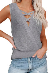 Gray Crisscross Hollow-out Knit Tank Top - Femstylo